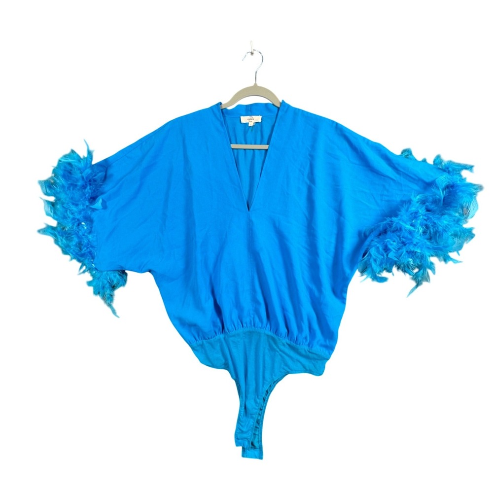 Feather Trim Bodysuit Womens S Blue‎ V Neck Dolman Sleeve Glam Statement